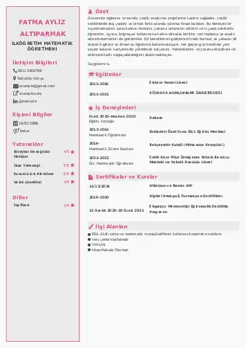 Matematik Öğretmeni Cv Örnekleri cv indir